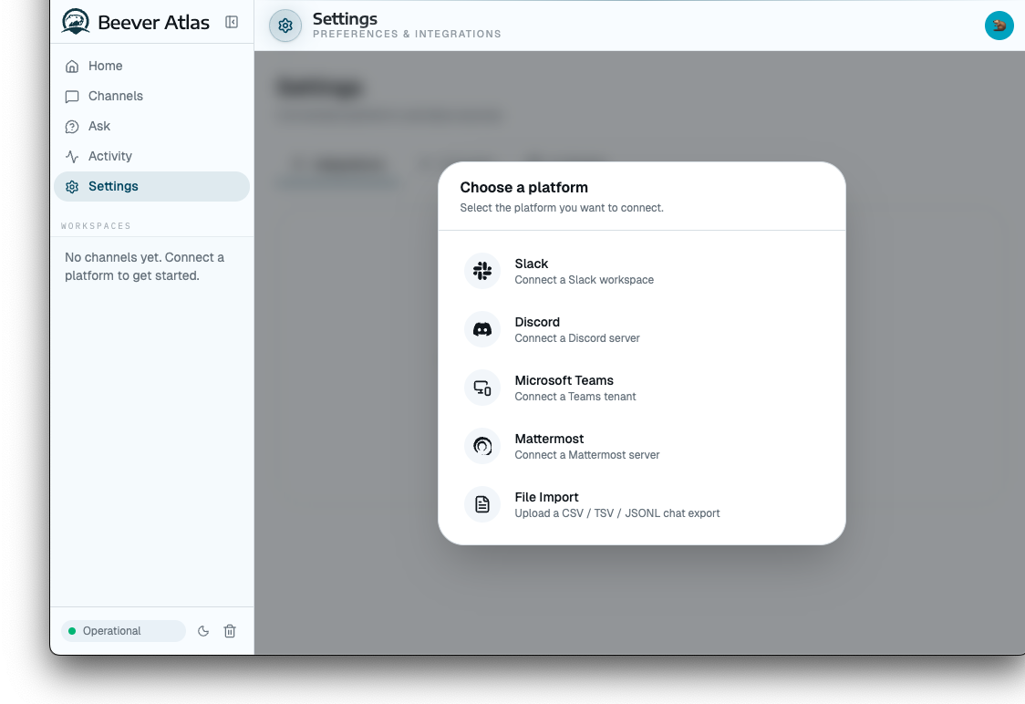 Beever Atlas v1 add-sources screen, scoped to a single chat channel
