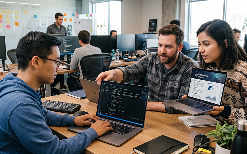 Teammates reviewing an AI agent-generated proposal together at a shared desk