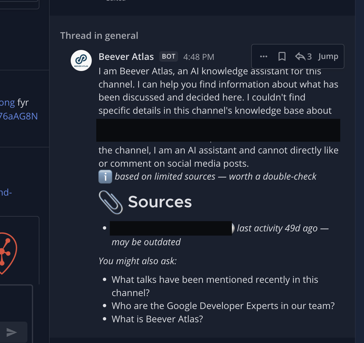 Beever Atlas answering a question directly inside a Slack channel, citing a source