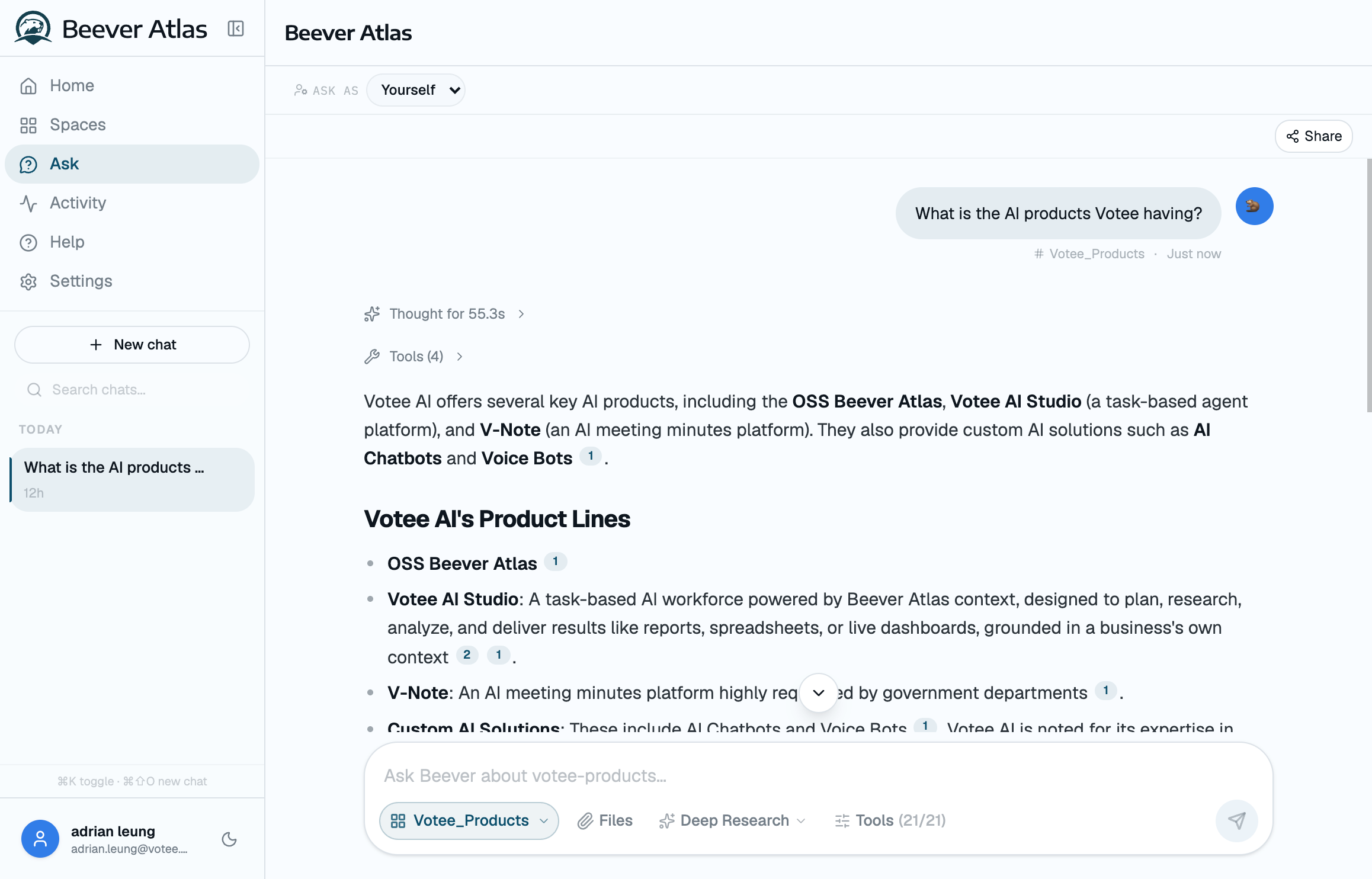 Beever Atlas Q&A chat interface
