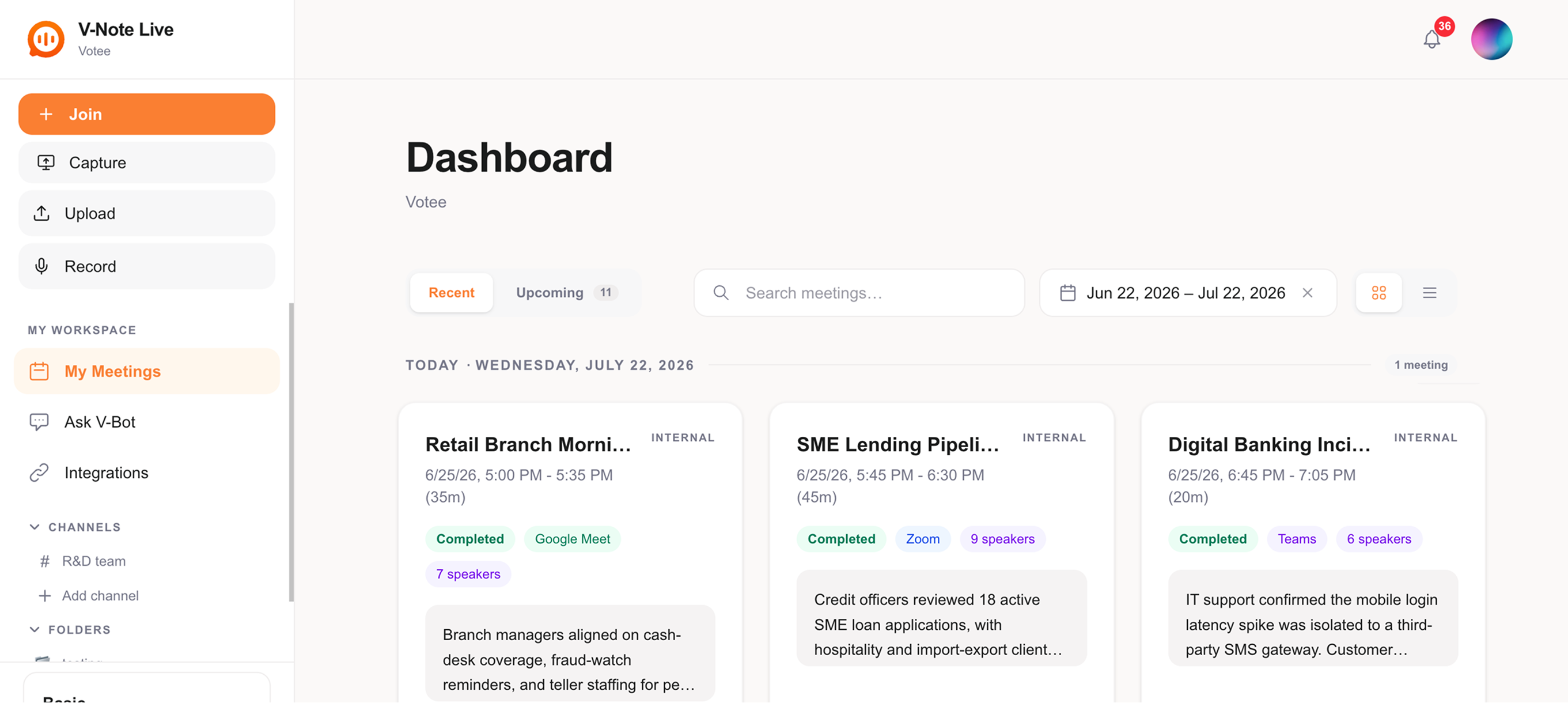 V-Note Live dashboard