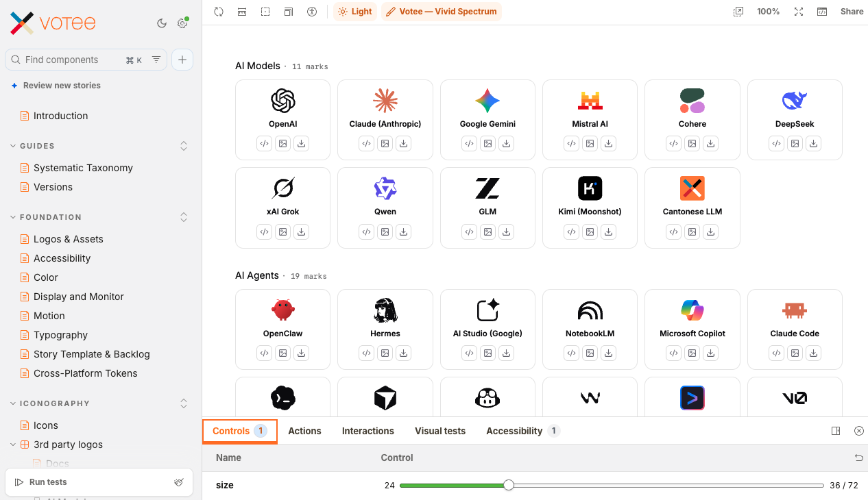 The third-party logo story in Storybook, showing the AI Models and AI Agents groups with per-mark copy and download actions