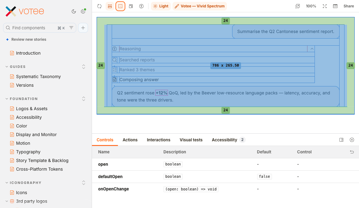 A Storybook story with the spacing overlay enabled and the accessibility and interaction test panels open