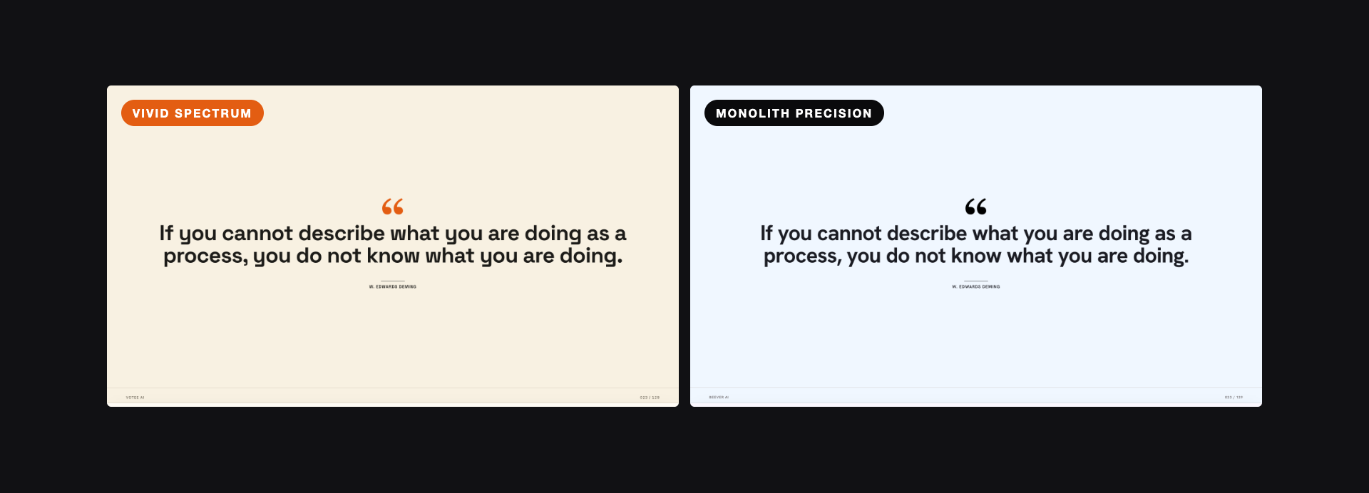 The same deck slide rendered in the Vivid Spectrum and Monolith Precision design languages