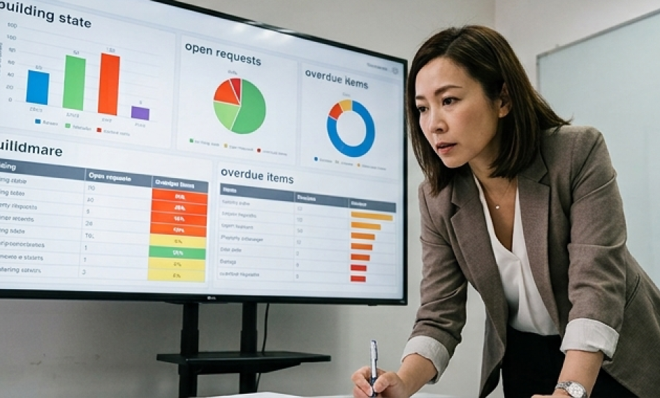 A property manager reviewing building performance charts on a meeting-room screen