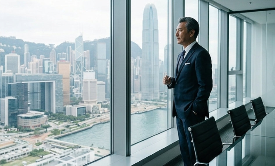 A building owner looking out over the Hong Kong skyline from an office tower