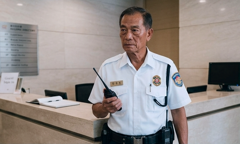 A front-line building officer on a handheld radio at the lobby counter