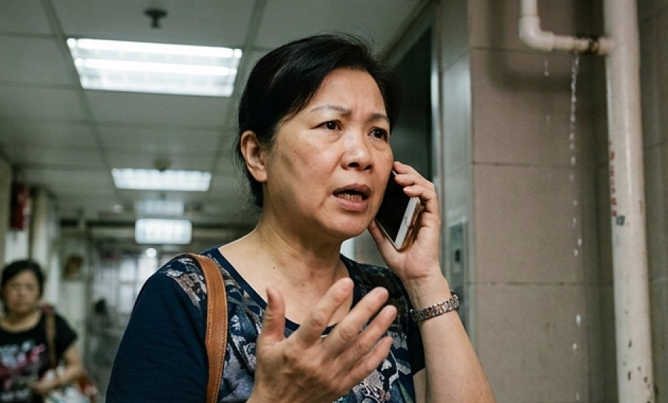 A tenant reporting a leak by phone in a building lobby